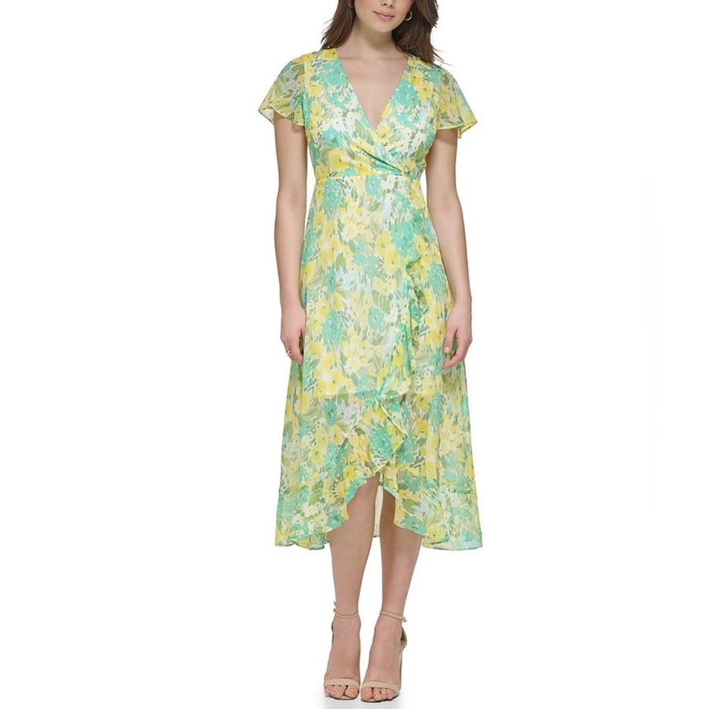 NWOT Kenzie Floral Print Chiffon Flounce High-low Hem Faux Wrap Dress Medium